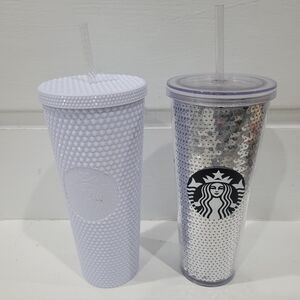 Starbucks Silver Sequins 24 oz Cup Limited Edition & White Studded Tumbler.